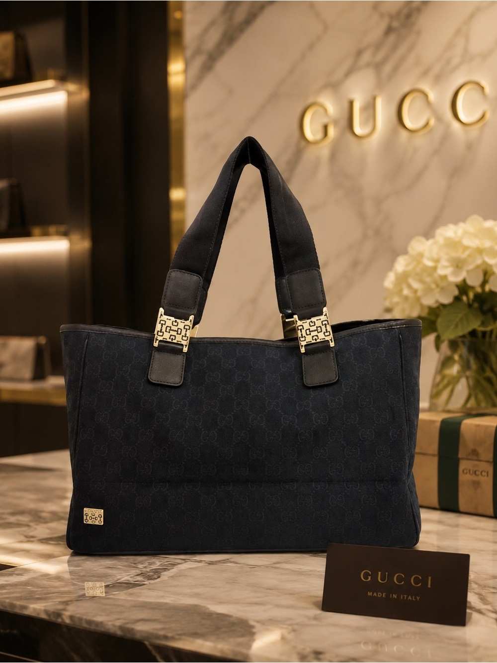 Gucci GG Canvas Pop Tote Bag with COA – Black Monogram Canvas & Gold Horsebit Ac